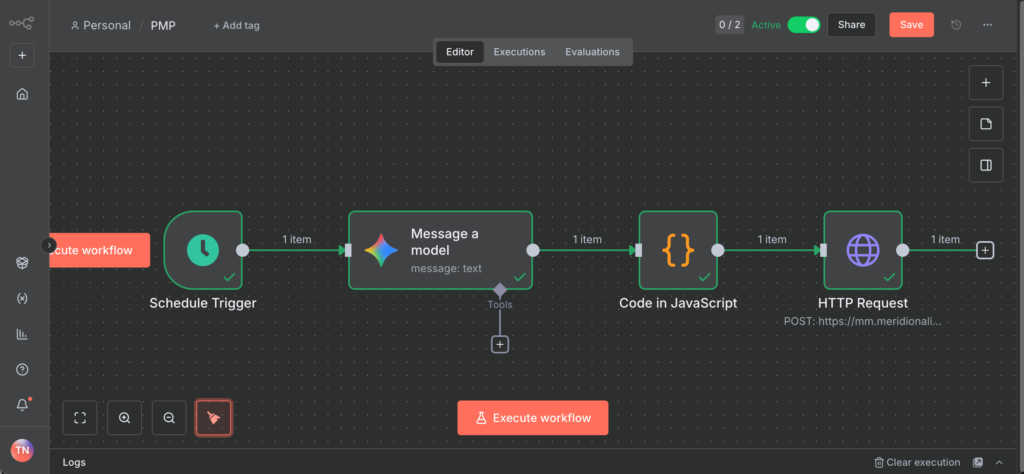 「n8nのワークフローを示す図(PMP・CAPM練習問題作成BOTのプロセス)」