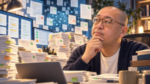 大量の教材資料とAIによるQA結果を前に、成果への驚きと戸惑いを見せる野村隆昌
