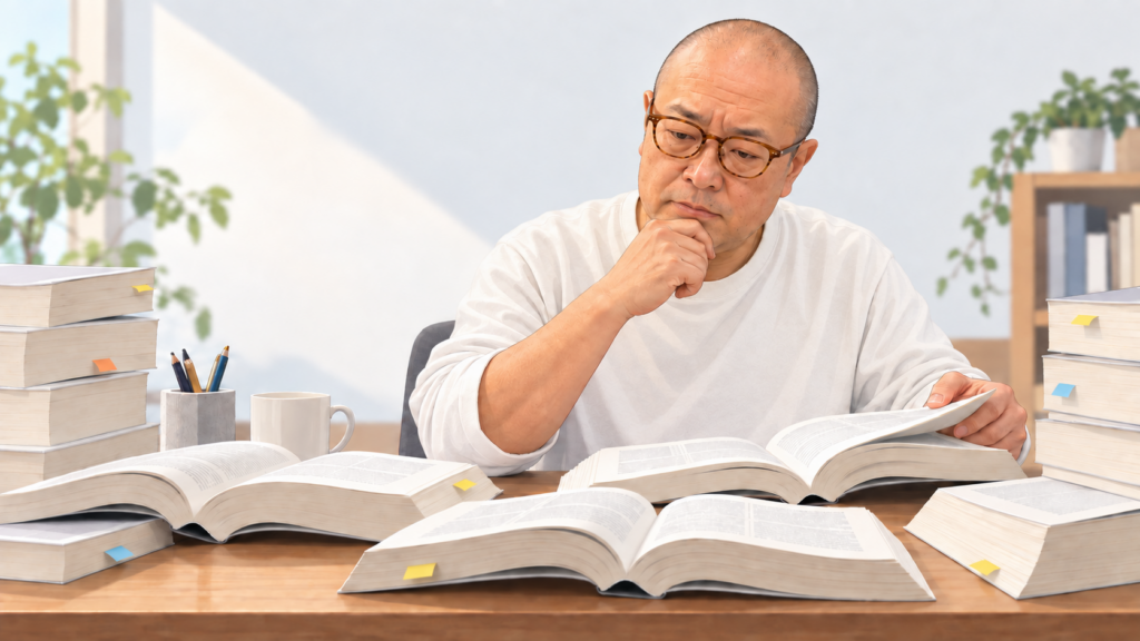 多数の分厚いガイドを開き、英語版と日本語版を比較する野村隆昌