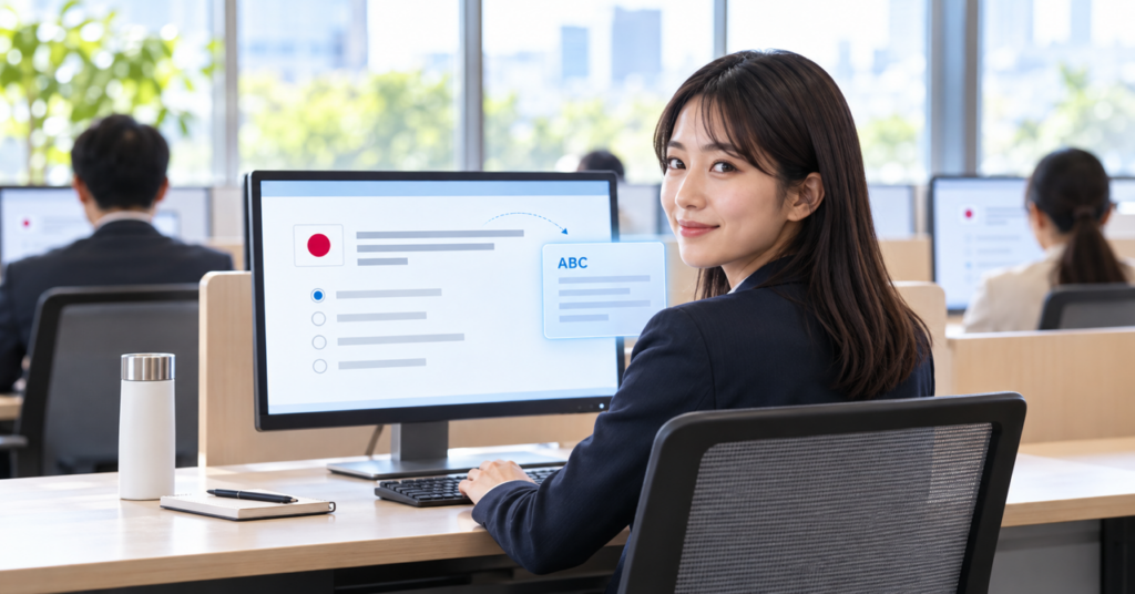 日本語の試験画面と英語表示のボタンが映るパソコンの前で、振り返ってほほえむ受験者