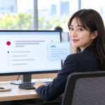 日本語の試験画面と英語表示のボタンが映るパソコンの前で、振り返ってほほえむ受験者