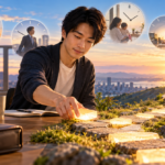 いくつもの時計に囲まれた机で、夕日へ続く道に光る石を一つずつ置いていく男性