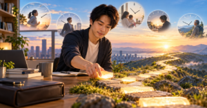 いくつもの時計に囲まれた机で、夕日へ続く道に光る石を一つずつ置いていく男性
