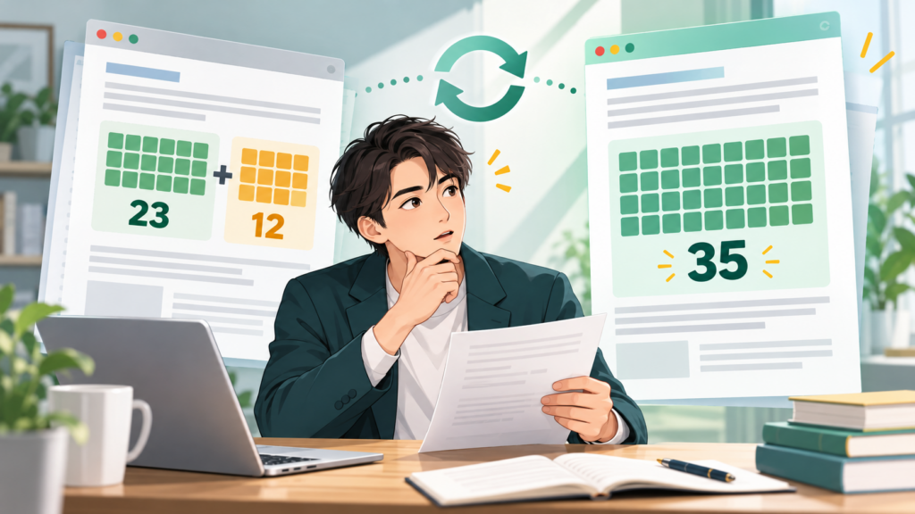 CAPM保持者のPMP35時間研修要件について、旧資料の23+12と現行資料の35を比較する若手受験者