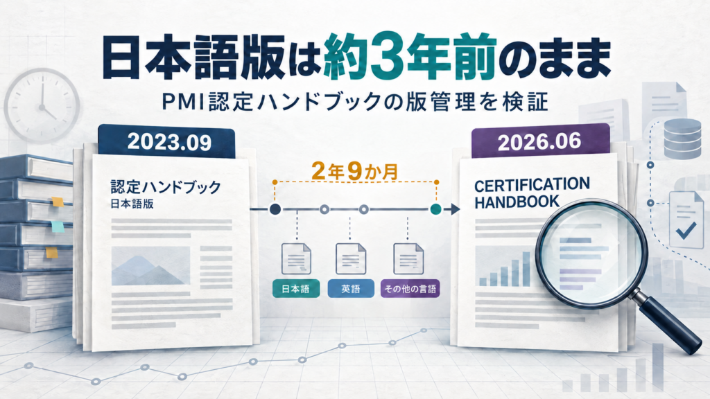 日本語版は約3年前のまま:PMI認定ハンドブックの日本語版(2023年9月)と英語版(2026年6月)の改訂時点の差は2年9か月
